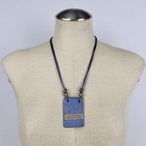 Handmade Blue & Gold Ceramic Pendant Necklace - Picture 1 of 7